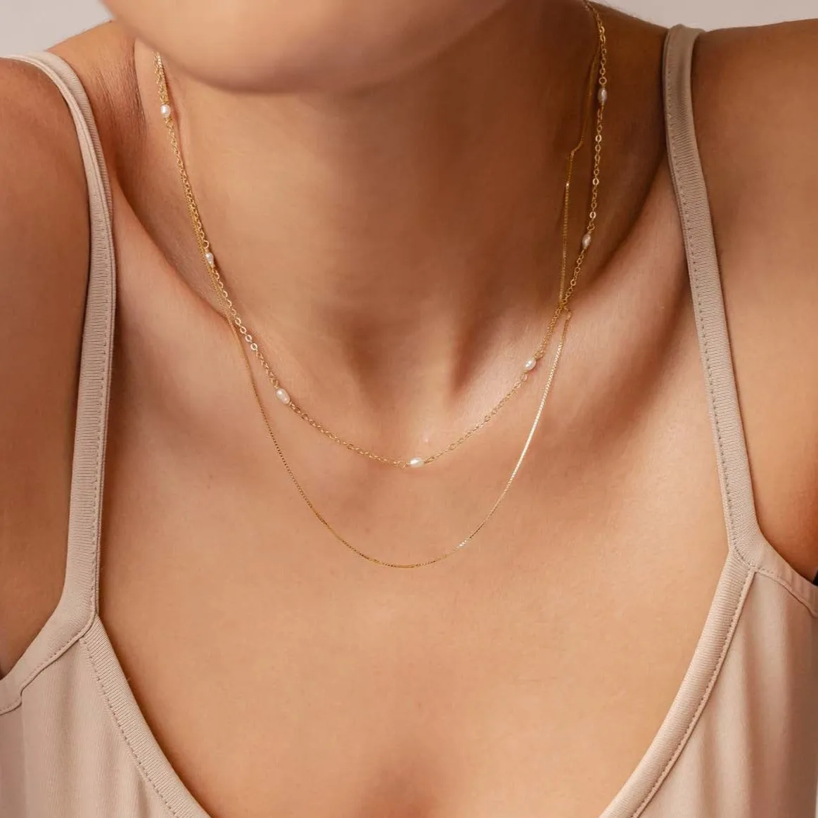 2 Layering Necklaces Set Pearls Sterling Silver Gold