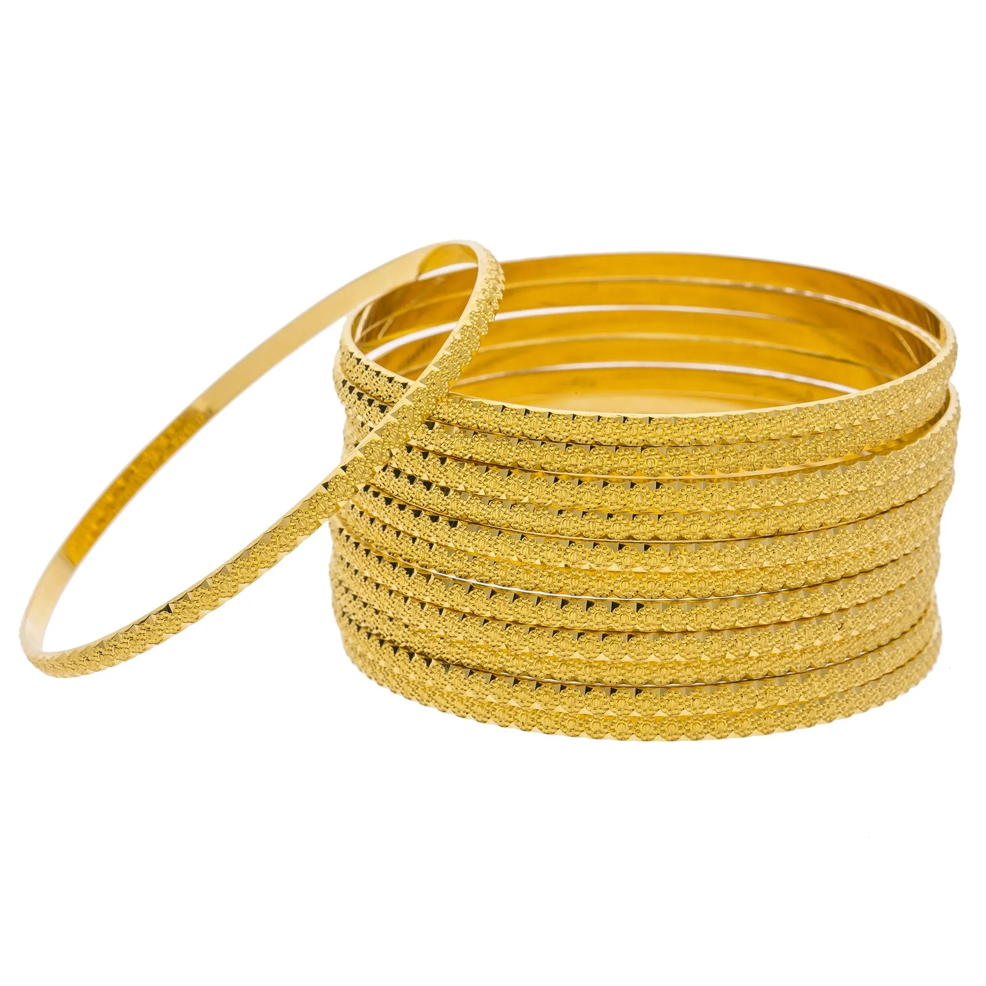 22K Yellow Gold Bangles Set of 12 W/ Laser Marked Cluster Flower Designs