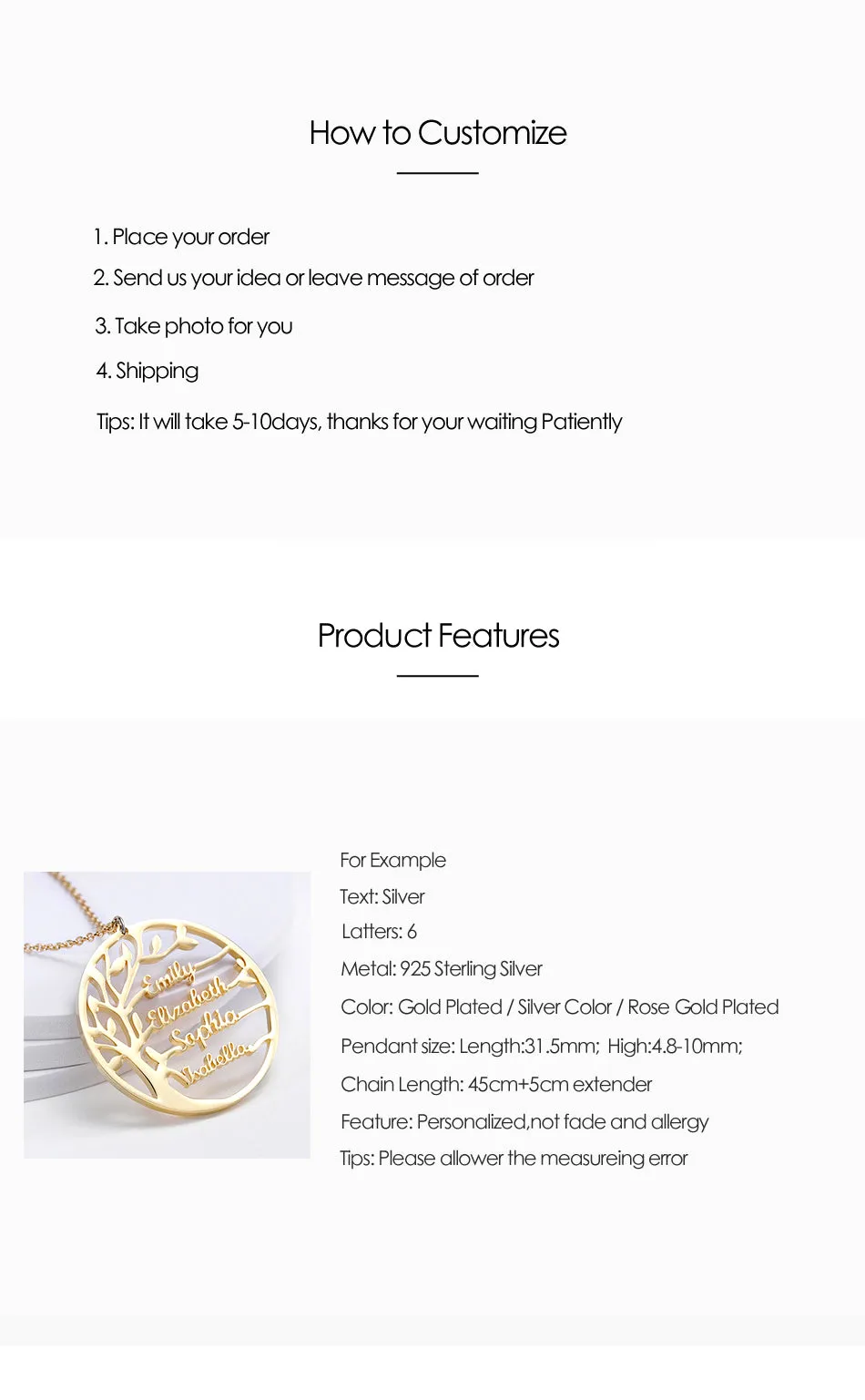 Family Tree Necklace Customized Name Gold Color 925 Sterling Silver Christmas Gift
