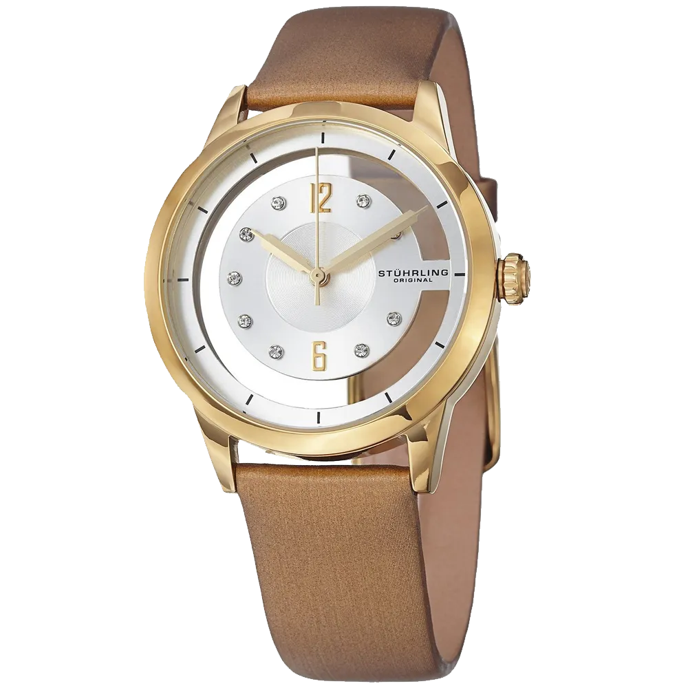 Stuhrling Original Womens 946L 03 Winchester Swarovski Crystal Accented 23k Gold Layered Watch with Champagne Leather Band